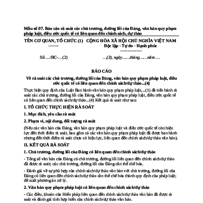 MẪU BÁO CÁO RÀ SOÁT CÁC CHỦ TRƯƠNG, ĐƯỜNG LỐI CỦA ĐẢNG, VĂN BẢN QUY PHẠM PHÁP LUẬT, ĐIỀU ƯỚC QUỐC TẾ CÓ LIÊN QUAN ĐẾN CHÍNH SÁCH, DỰ THẢO