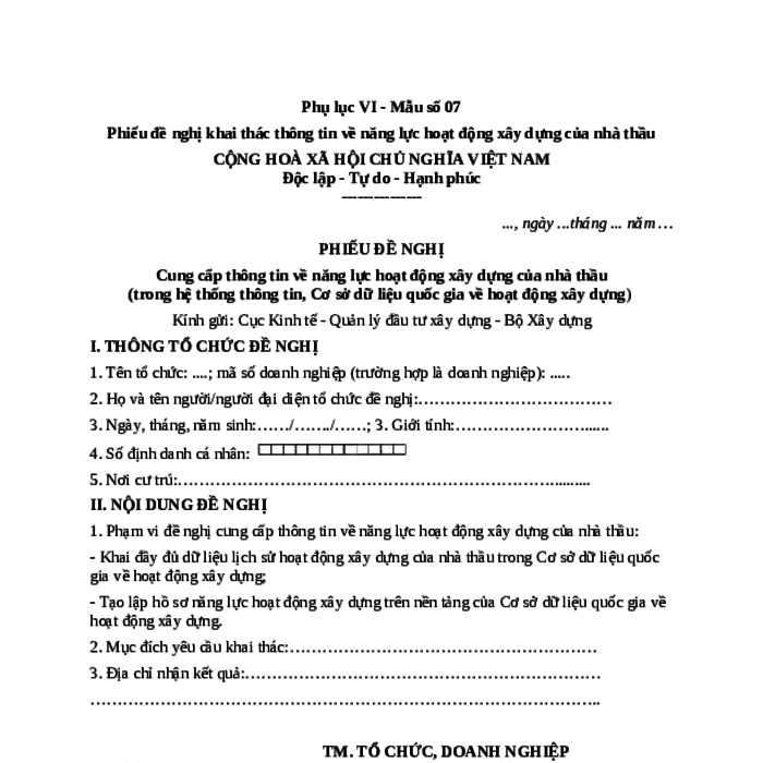 MẪU PHIẾU ĐỀ NGHỊ CUNG CẤP THÔNG TIN VỀ NĂNG LỰC HOẠT ĐỘNG XÂY DỰNG CỦA NHÀ THẦU (TRONG HỆ THỐNG THÔNG TIN, CƠ SỞ DỮ LIỆU QUỐC GIA VỀ HOẠT ĐỘNG XÂY DỰNG)