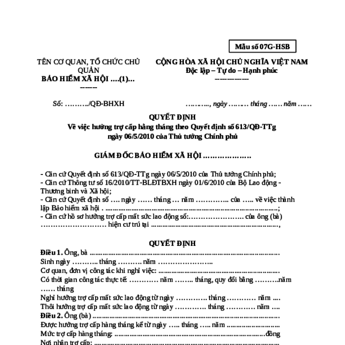 MẪU QUYẾT ĐỊNH VỀ VIỆC HƯỞNG TRỢ CẤP HẰNG THÁNG THEO QUYẾT ĐỊNH SỐ 613/QĐ-TTG