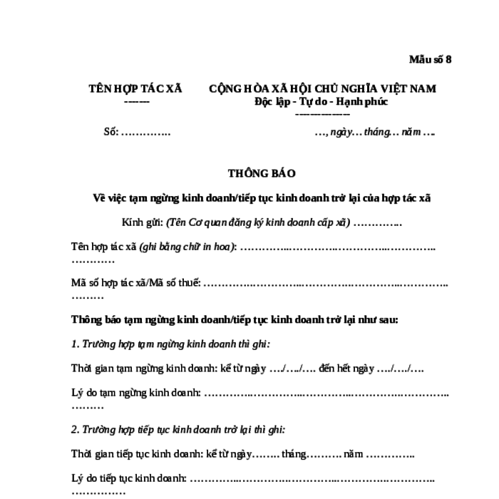 MẪU THÔNG BÁO VỀ VIỆC TẠM NGỪNG KINH DOANH/TIẾP TỤC KINH DOANH TRỞ LẠI CỦA HỢP TÁC XÃ