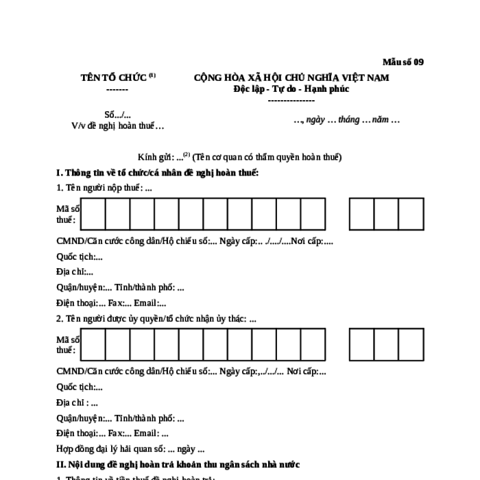 MẪU CÔNG VĂN ĐỀ NGHỊ HOÀN THUẾ