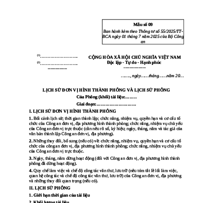 MẪU LỊCH SỬ ĐƠN VỊ HÌNH THÀNH PHÔNG VÀ LỊCH SỬ PHÔNG CỦA BỘ CÔNG AN