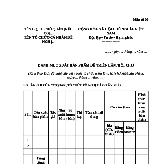 MẪU DANH MỤC XUẤT BẢN PHẨM ĐỂ TRIỂN LÃM/HỘI CHỢ DO CHÍNH PHỦ BAN HÀNH
