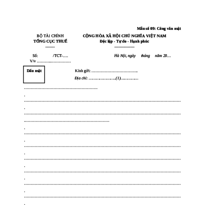 MẪU CÔNG VĂN MẬT TỔNG CỤC THUẾ