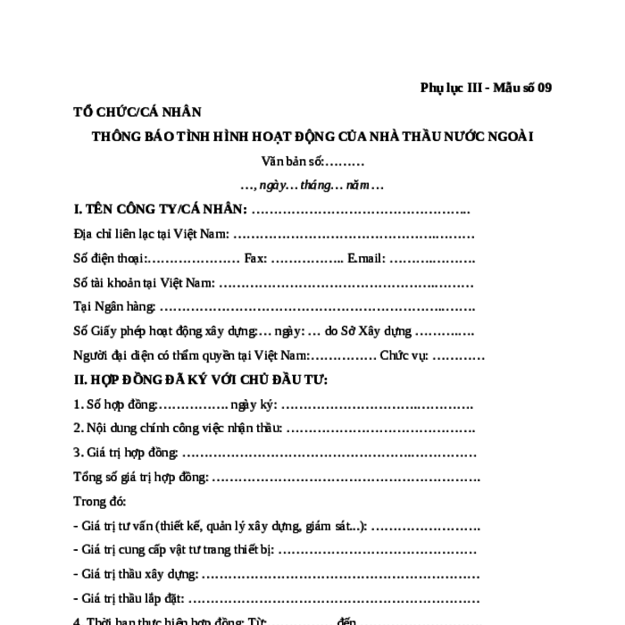 MẪU THÔNG BÁO TÌNH HÌNH HOẠT ĐỘNG CỦA NHÀ THẦU NƯỚC NGOÀI (ĐỐI VỚI HOẠT ĐỘNG XÂY DỰNG)