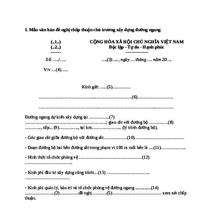 MẪU VĂN BẢN ĐỀ NGHỊ CHẤP THUẬN CHỦ TRƯƠNG XÂY DỰNG ĐƯỜNG NGANG