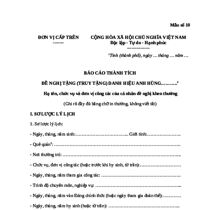 MẪU BÁO CÁO THÀNH TÍCH ĐỀ NGHỊ ANH HÙNG CHO CÁ NHÂN CỦA CHÍNH PHỦ