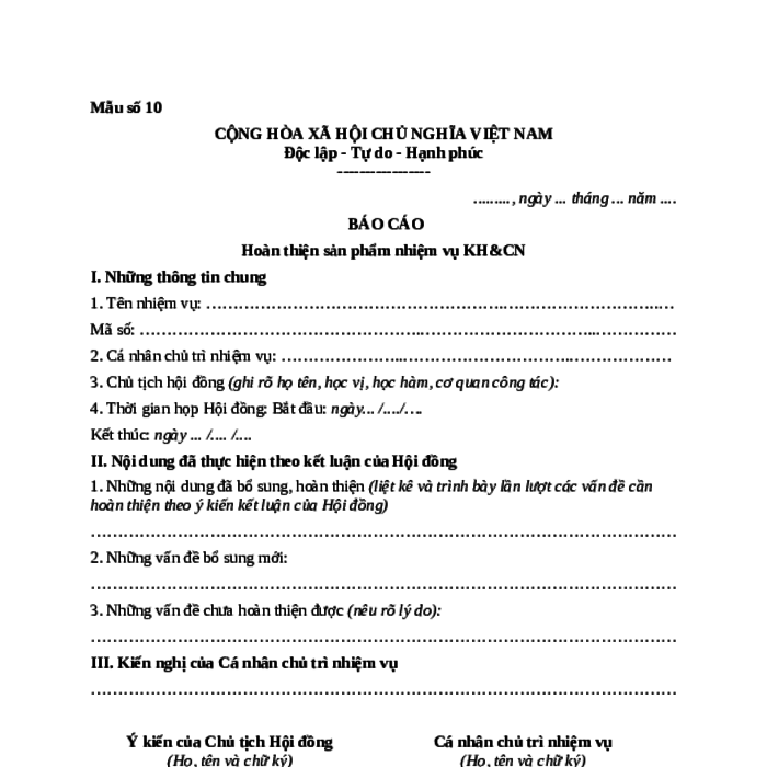 MẪU BÁO CÁO HOÀN THIỆN SẢN PHẨM NHIỆM VỤ KH&CN CẤP BỘ CỦA NGÂN HÀNG NHÀ NƯỚC VIỆT NAM