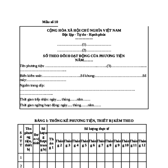MẪU SỔ THEO DÕI HOẠT ĐỘNG CỦA PHƯƠNG TIỆN CHỮA CHÁY, CỨU NẠN, CỨU HỘ