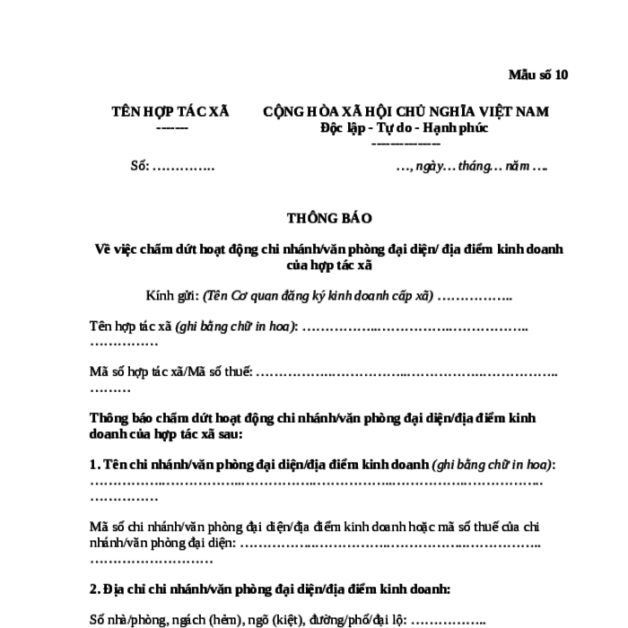 MẪU THÔNG BÁO VỀ VIỆC CHẤM DỨT HOẠT ĐỘNG CHI NHÁNH/VĂN PHÒNG ĐẠI DIỆN/ ĐỊA ĐIỂM KINH DOANH CỦA HỢP TÁC XÃ