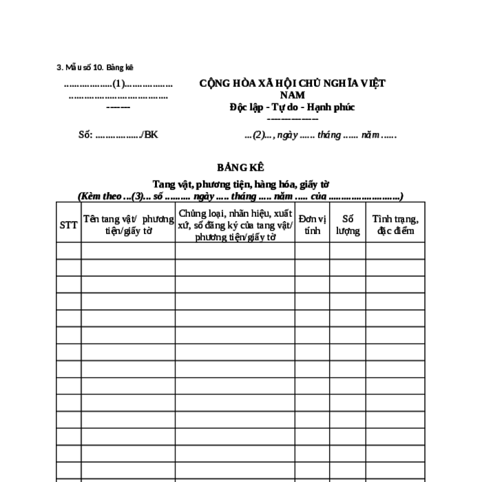 MẪU BẢNG KÊ TANG VẬT, PHƯƠNG TIỆN, HÀNG HÓA, GIẤY TỜ (TRONG CÔNG TÁC QUẢN LÝ THỊ TRƯỜNG)