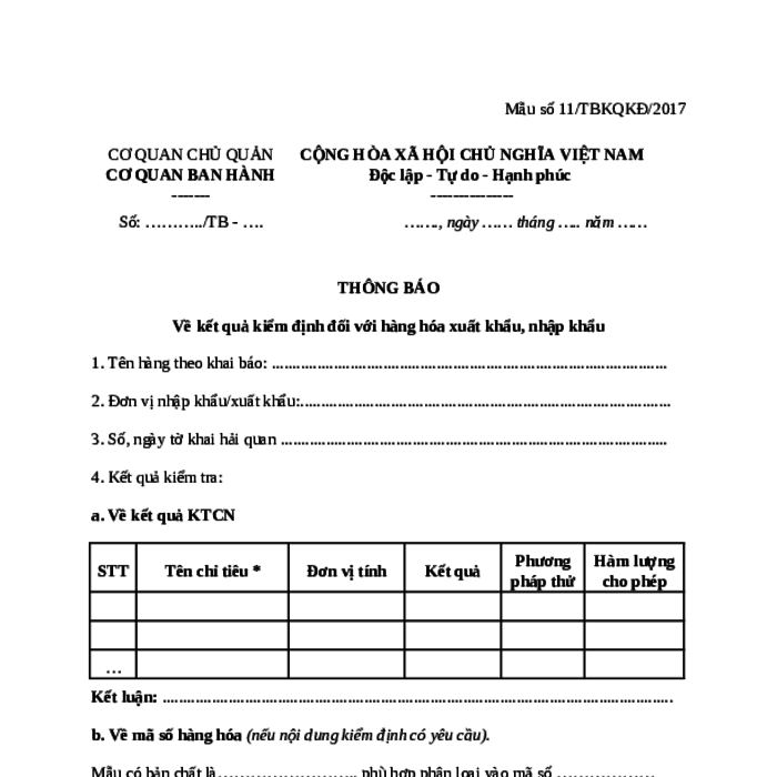 MẪU THÔNG BÁO VỀ KẾT QUẢ KIỂM ĐỊNH ĐỐI VỚI HÀNG HÓA XUẤT KHẨU, NHẬP KHẨU
