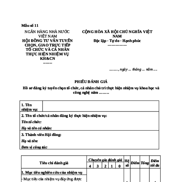 MẪU PHIẾU ĐÁNH GIÁ HỒ SƠ ĐĂNG KÝ TUYỂN CHỌN TỔ CHỨC, CÁ NHÂN CHỦ TRÌ THỰC HIỆN NHIỆM VỤ KHOA HỌC VÀ CÔNG NGHỆ CẤP BỘ CỦA NGÂN HÀNG NHÀ NƯỚC VIỆT NAM