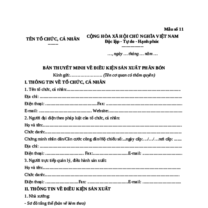 MẪU BẢN THUYẾT MINH VỀ ĐIỀU KIỆN SẢN XUẤT PHÂN BÓN