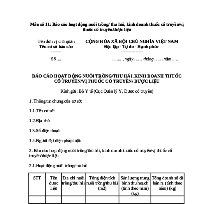 MẪU BÁO CÁO HOẠT ĐỘNG NUÔI TRỒNG/THU HÁI, KINH DOANH THUỐC CỔ TRUYỀN/VỊ THUỐC CỔ TRUYỀN/ DƯỢC LIỆU