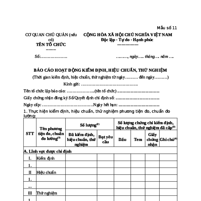 MẪU BÁO CÁO HOẠT ĐỘNG KIỂM ĐỊNH, HIỆU CHUẨN, THỬ NGHIỆM CHẤT LƯỢNG SẢN PHẨM, HÀNG HÓA