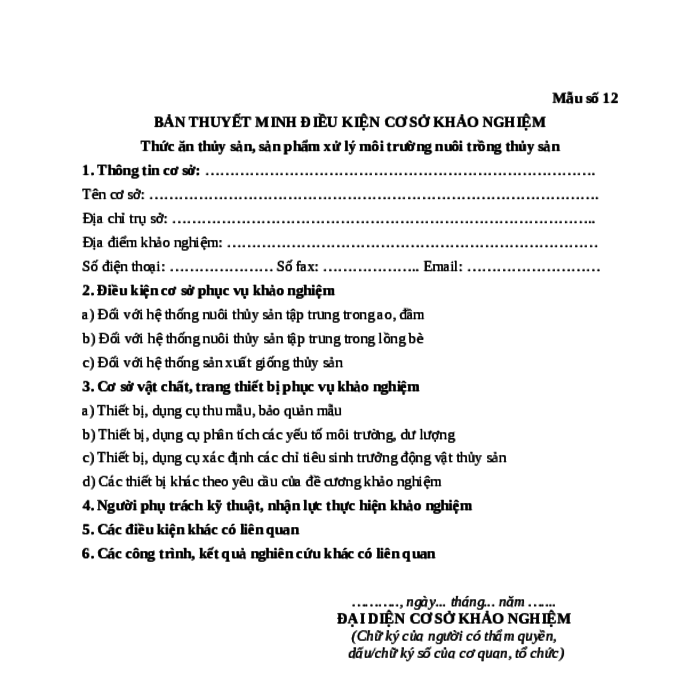 MẪU BẢN THUYẾT MINH ĐIỀU KIỆN CƠ SỞ KHẢO NGHIỆM THỨC ĂN THỦY SẢN, SẢN PHẨM XỬ LÝ MÔI TRƯỜNG NUÔI TRỒNG THỦY SẢN