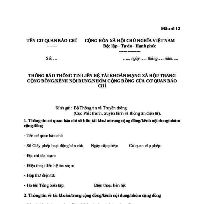 MẪU THÔNG BÁO THÔNG TIN LIÊN HỆ TÀI KHOẢN MẠNG XÃ HỘI/ TRANG CỘNG ĐỒNG/KÊNH NỘI DUNG/NHÓM CỘNG ĐỒNG CỦA CƠ QUAN BÁO CHÍ