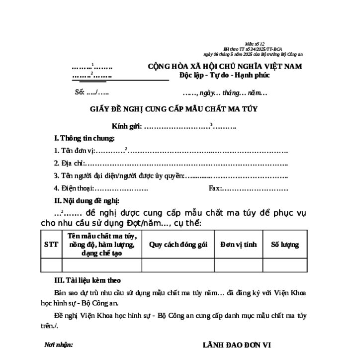 MẪU GIẤY ĐỀ NGHỊ CUNG CẤP MẪU CHẤT MA TÚY VÌ MỤC ĐÍCH QUỐC PHÒNG, AN NINH