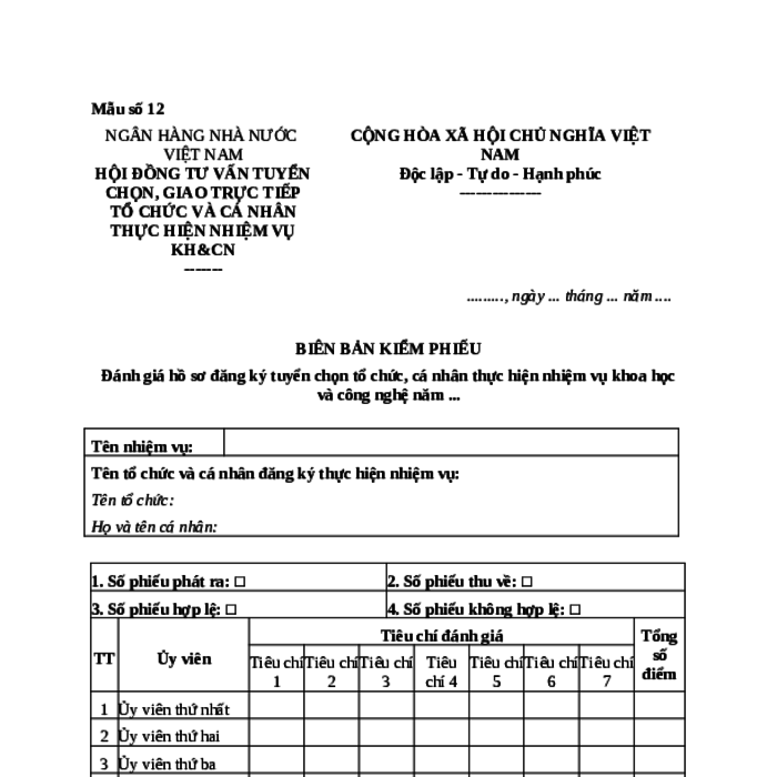 MẪU BIÊN BẢN KIỂM PHIẾU ĐÁNH GIÁ HỒ SƠ ĐĂNG KÝ TUYỂN CHỌN TỔ CHỨC, CÁ NHÂN THỰC HIỆN NHIỆM VỤ KHOA HỌC VÀ CÔNG NGHỆ CẤP BỘ CỦA NGÂN HÀNG NHÀ NƯỚC VIỆT NAM