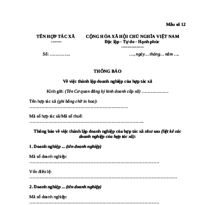 MẪU THÔNG BÁO VỀ VIỆC THÀNH LẬP DOANH NGHIỆP CỦA HỢP TÁC XÃ