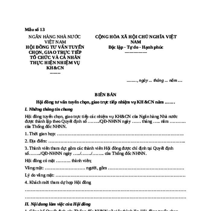 MẪU BIÊN BẢN HỘI ĐỒNG TƯ VẤN TUYỂN CHỌN, GIAO TRỰC TIẾP NHIỆM VỤ KH&CN CẤP BỘ CỦA NGÂN HÀNG NHÀ NƯỚC VIỆT NAM