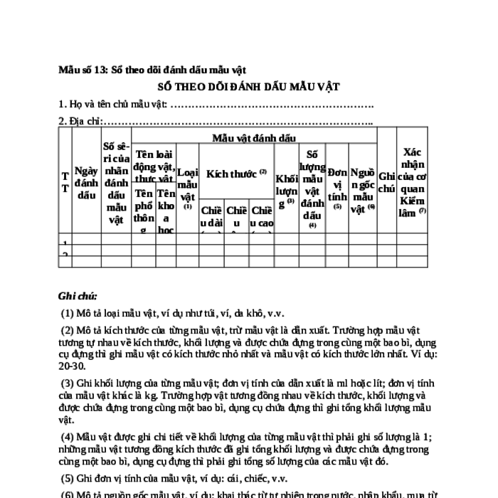 MẪU SỔ THEO DÕI ĐÁNH DẤU MẪU VẬT (ĐỐI VỚI ĐỘNG VẬT RỪNG)