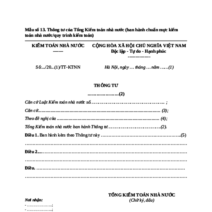 MẪU THÔNG TƯ CỦA TỔNG KIỂM TOÁN NHÀ NƯỚC (BAN HÀNH CHUẨN MỰC KIỂM TOÁN NHÀ NƯỚC/QUY TRÌNH KIỂM TOÁN)