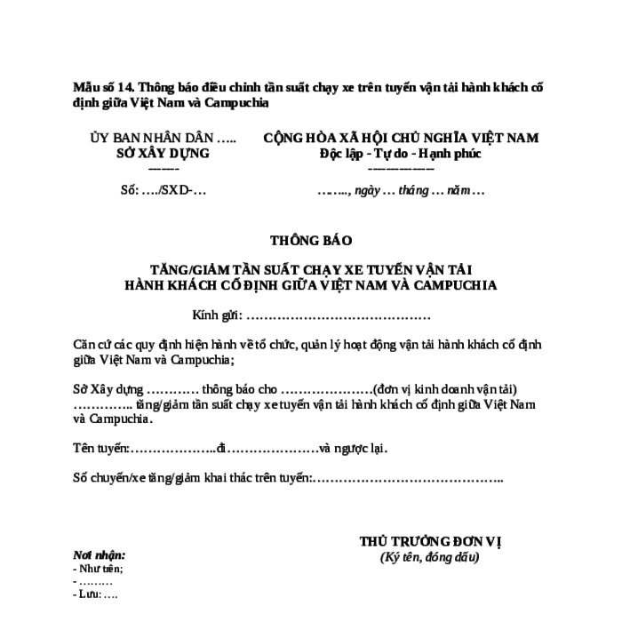 MẪU THÔNG BÁO TĂNG/GIẢM TẦN SUẤT CHẠY XE TUYẾN VẬN TẢI HÀNH KHÁCH CỐ ĐỊNH GIỮA VIỆT NAM VÀ CAMPUCHIA