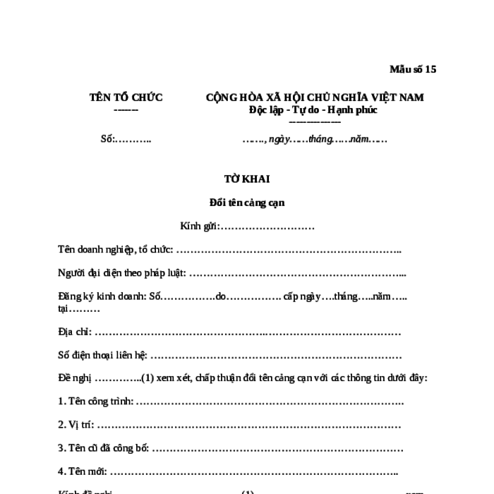 MẪU TỜ KHAI ĐỔI TÊN CẢNG CẠN
