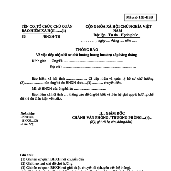 MẪU THÔNG BÁO VỀ VIỆC TIẾP NHẬN HỒ SƠ CHỜ HƯỞNG LƯƠNG HƯU/TRỢ CẤP HẰNG THÁNG