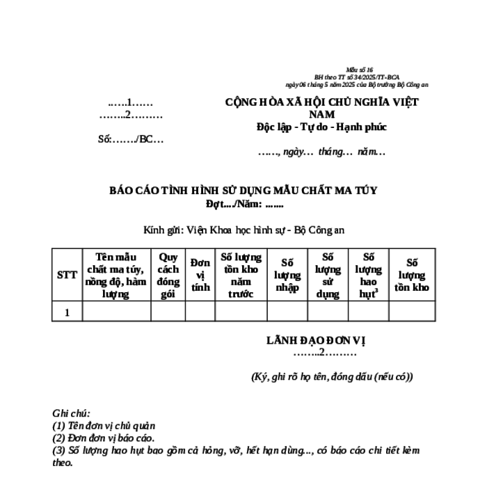 MẪU BÁO CÁO TÌNH HÌNH SỬ DỤNG MẪU CHẤT MA TÚY VÌ MỤC ĐÍCH QUỐC PHÒNG, AN NINH