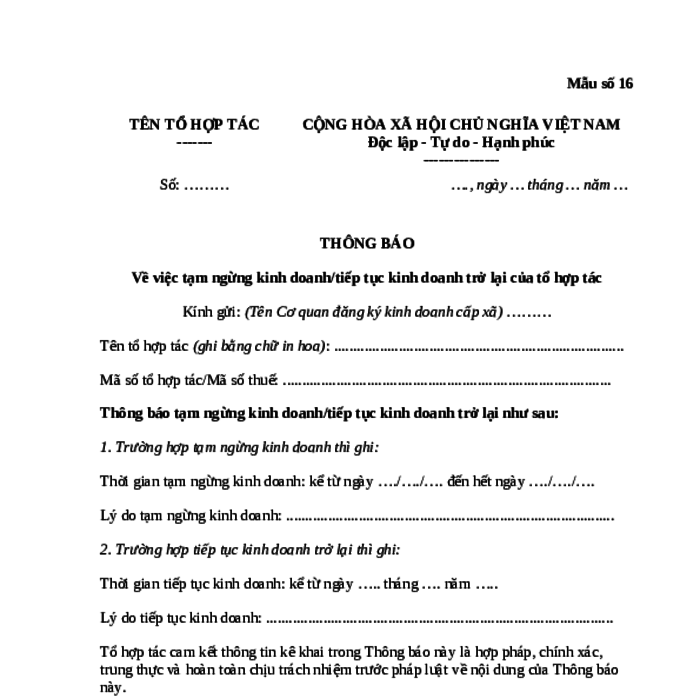 MẪU THÔNG BÁO VỀ VIỆC TẠM NGỪNG KINH DOANH/TIẾP TỤC KINH DOANH TRỞ LẠI CỦA TỔ HỢP TÁC