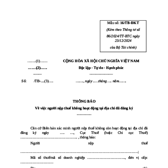 MẪU THÔNG BÁO VỀ VIỆC NGƯỜI NỘP THUẾ KHÔNG HOẠT ĐỘNG TẠI ĐỊA CHỈ ĐÃ ĐĂNG KÝ