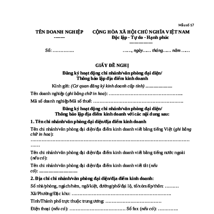 MẪU GIẤY ĐỀ NGHỊ ĐĂNG KÝ HOẠT ĐỘNG CHI NHÁNH/VĂN PHÒNG ĐẠI DIỆN/THÔNG BÁO LẬP ĐỊA ĐIỂM KINH DOANH