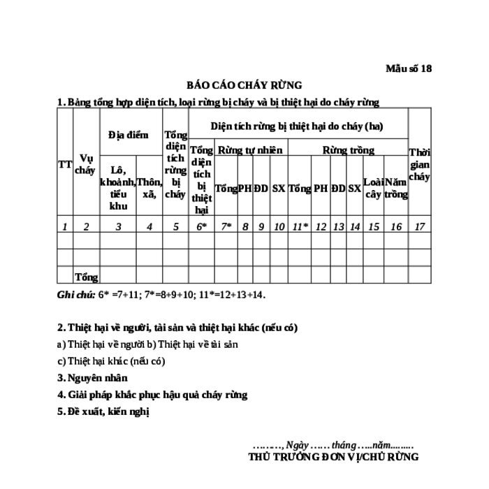 MẪU BÁO CÁO CHÁY RỪNG