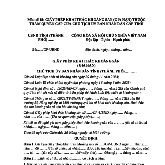 MẪU GIẤY PHÉP KHAI THÁC KHOÁNG SẢN (GIA HẠN) THUỘC THẨM QUYỀN CẤP CỦA CHỦ TỊCH ỦY BAN NHÂN DÂN CẤP TỈNH