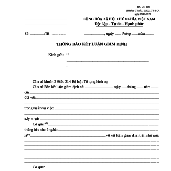 MẪU THÔNG BÁO KẾT LUẬN GIÁM ĐỊNH TRONG ĐIỀU TRA HÌNH SỰ