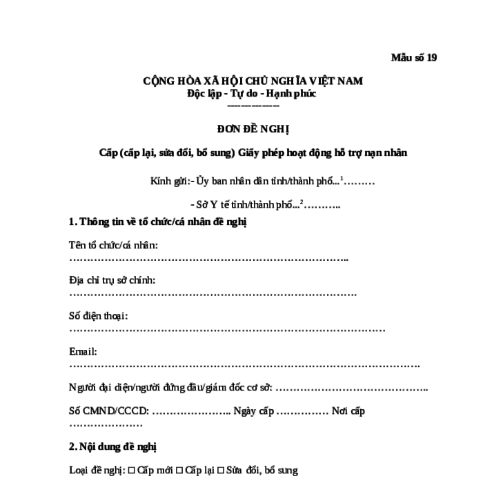 MẪU ĐƠN ĐỀ NGHỊ CẤP (CẤP LẠI, SỬA ĐỔI, BỔ SUNG) GIẤY PHÉP HOẠT ĐỘNG HỖ TRỢ NẠN NHÂN BỊ MUA BÁN NGƯỜI
