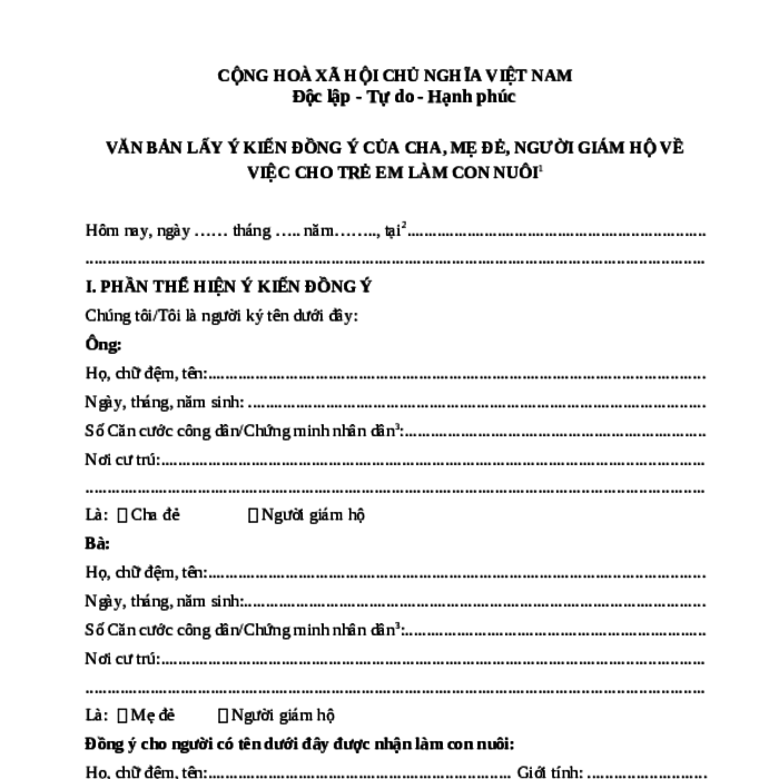 MẪU VĂN BẢN LẤY Ý KIẾN ĐỒNG Ý CỦA CHA, MẸ ĐẺ, NGƯỜI GIÁM HỘ VỀ VIỆC CHO TRẺ EM LÀM CON NUÔI