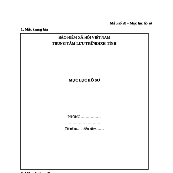 MẪU MỤC LỤC HỒ SƠ DO BẢO HIỂM XÃ HỘI VIỆT NAM BAN HÀNH