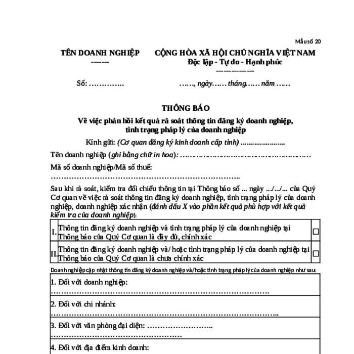 MẪU THÔNG BÁO VỀ VIỆC PHẢN HỒI KẾT QUẢ RÀ SOÁT THÔNG TIN ĐĂNG KÝ DOANH NGHIỆP, TÌNH TRẠNG PHÁP LÝ CỦA DOANH NGHIỆP