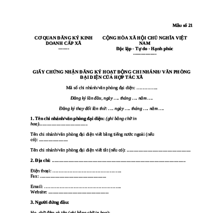 MẪU GIẤY CHỨNG NHẬN ĐĂNG KÝ HOẠT ĐỘNG CHI NHÁNH/ VĂN PHÒNG ĐẠI DIỆN CỦA HỢP TÁC XÃ