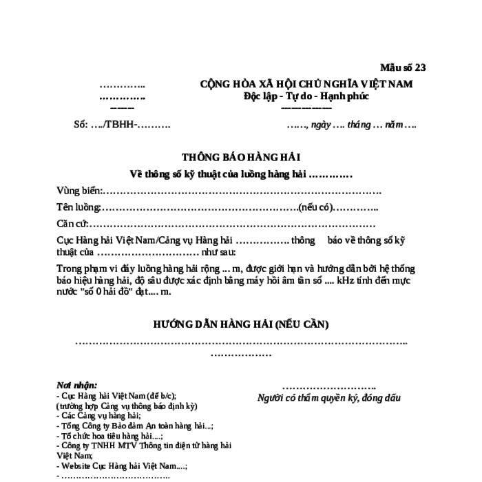 MẪU THÔNG BÁO HÀNG HẢI VỀ THÔNG SỐ KỸ THUẬT CỦA LUỒNG HÀNG HẢI