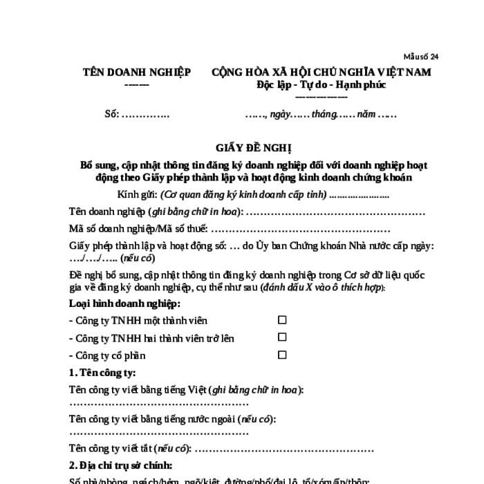 MẪU GIẤY ĐỀ NGHỊ BỔ SUNG, CẬP NHẬT THÔNG TIN ĐĂNG KÝ DOANH NGHIỆP ĐỐI VỚI DOANH NGHIỆP HOẠT ĐỘNG THEO GIẤY PHÉP THÀNH LẬP VÀ HOẠT ĐỘNG KINH DOANH CHỨNG KHOÁN