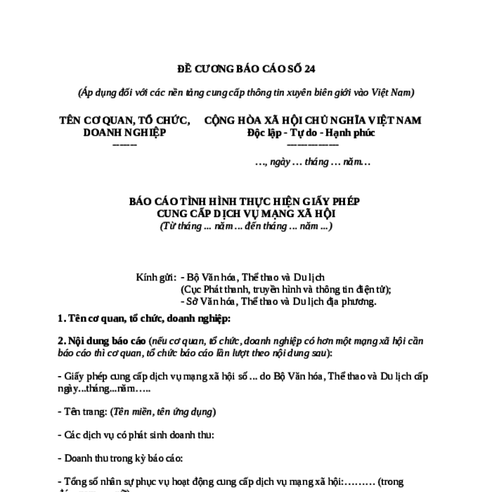 MẪU BÁO CÁO TÌNH HÌNH THỰC HIỆN GIẤY PHÉP CUNG CẤP DỊCH VỤ MẠNG XÃ HỘI (ÁP DỤNG ĐỐI VỚI CÁC NỀN TẢNG CUNG CẤP THÔNG TIN XUYÊN BIÊN GIỚI VÀO VIỆT NAM)