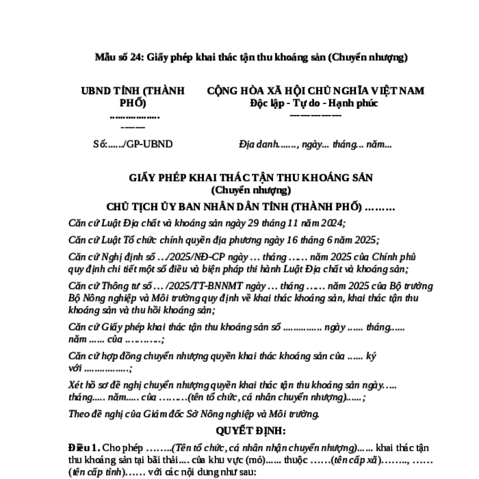 MẪU GIẤY PHÉP KHAI THÁC TẬN THU KHOÁNG SẢN (CHUYỂN NHƯỢNG)