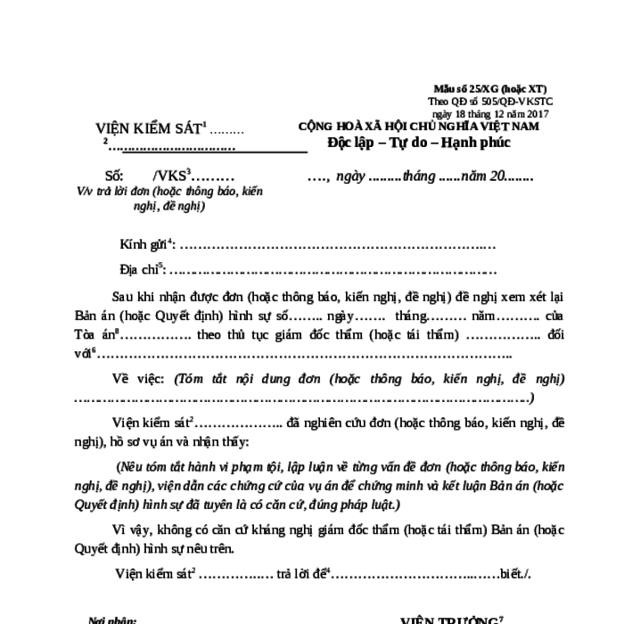 MẪU CÔNG VĂN TRẢ LỜI ĐƠN (HOẶC THÔNG BÁO, KIẾN NGHỊ, ĐỀ NGHỊ) XEM XÉT LẠI BẢN ÁN/QUYẾT ĐỊNH THEO THỦ TỤC GIÁM ĐỐC THẨM (TÁI THẨM) VỤ ÁN HÌNH SỰ CỦA VIỆN KIỂM SÁT