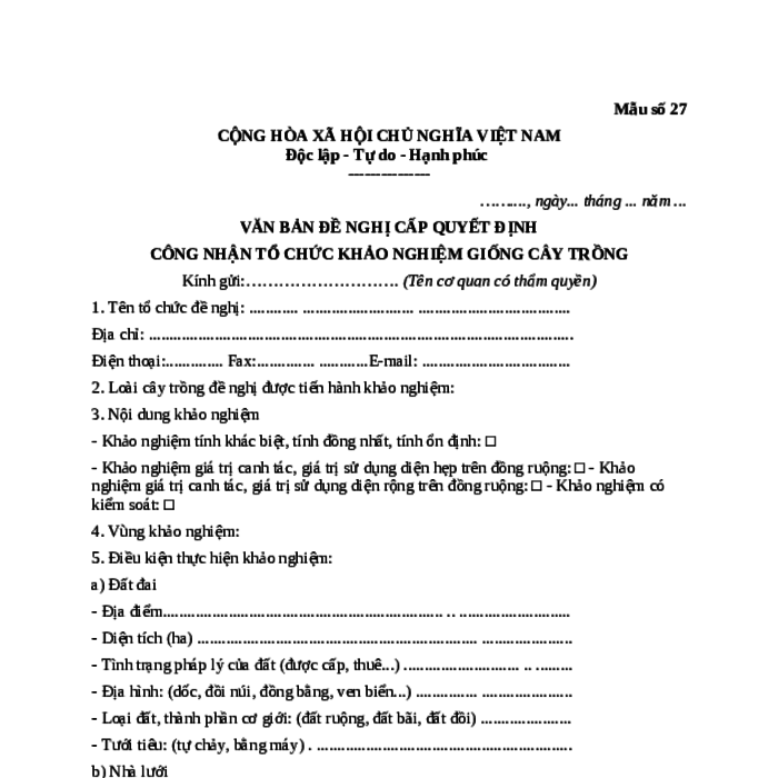 MẪU VĂN BẢN ĐỀ NGHỊ CẤP QUYẾT ĐỊNH CÔNG NHẬN TỔ CHỨC KHẢO NGHIỆM GIỐNG CÂY TRỒNG