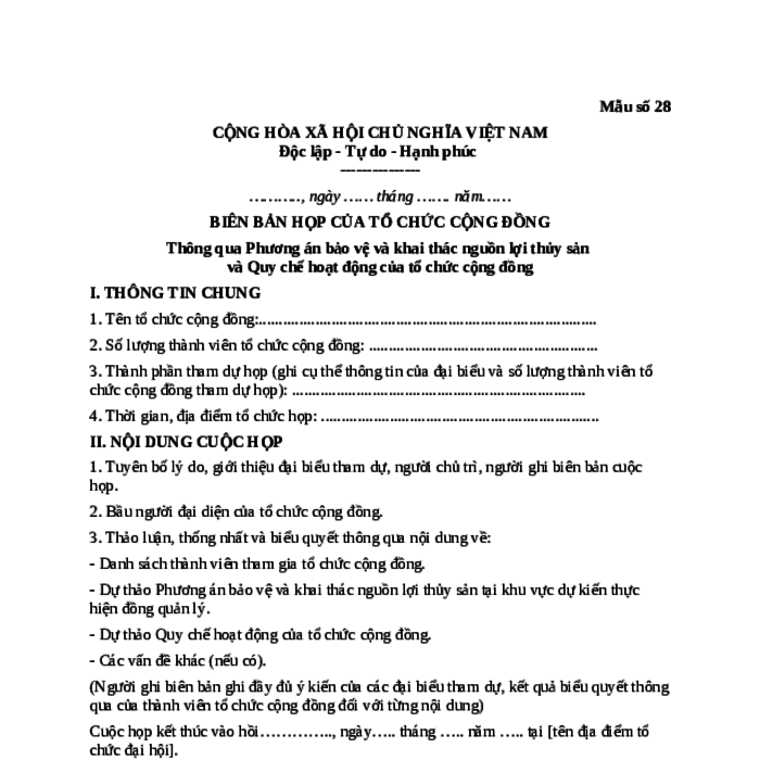 MẪU BIÊN BẢN HỌP CỦA TỔ CHỨC CỘNG ĐỒNG (ĐỐI VỚI LĨNH VỰC THỦY SẢN)